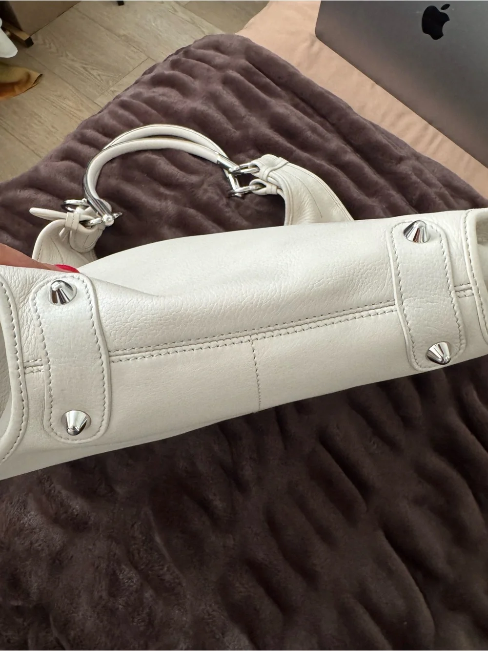 Vintage Christian Dior D White Leather Hobo Bag Silver Hardware